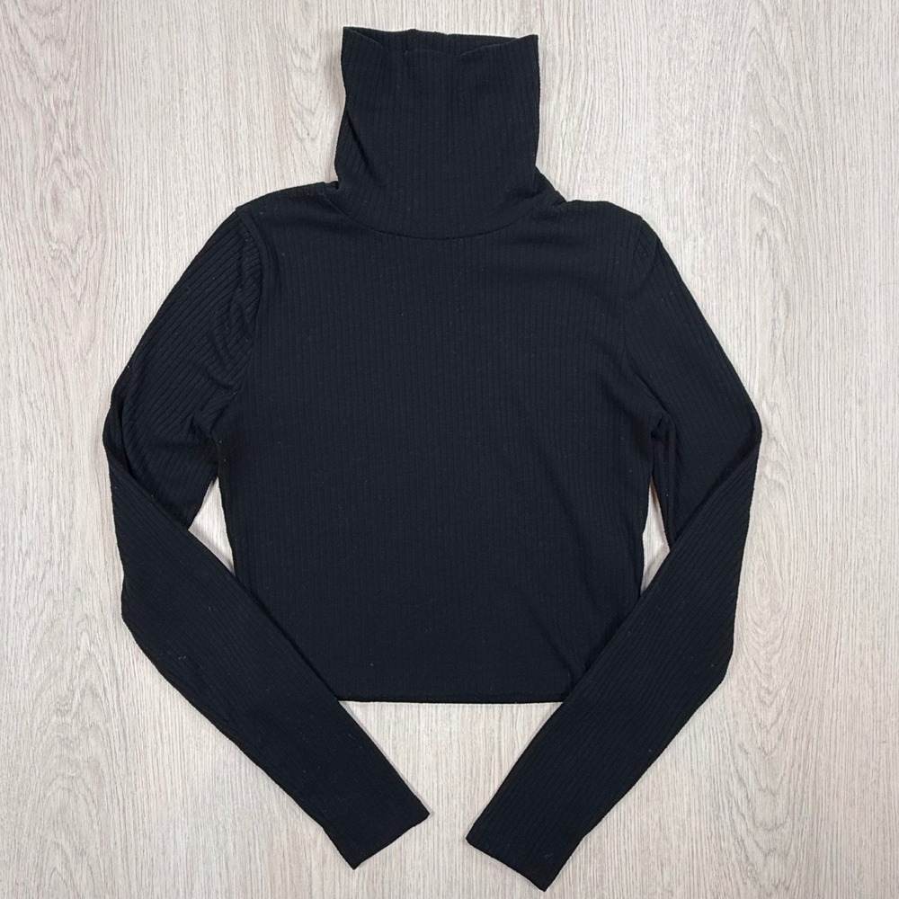 Turtleneck Madewell Women S Black Ribbed Knit Cropped Long Sleeve Top